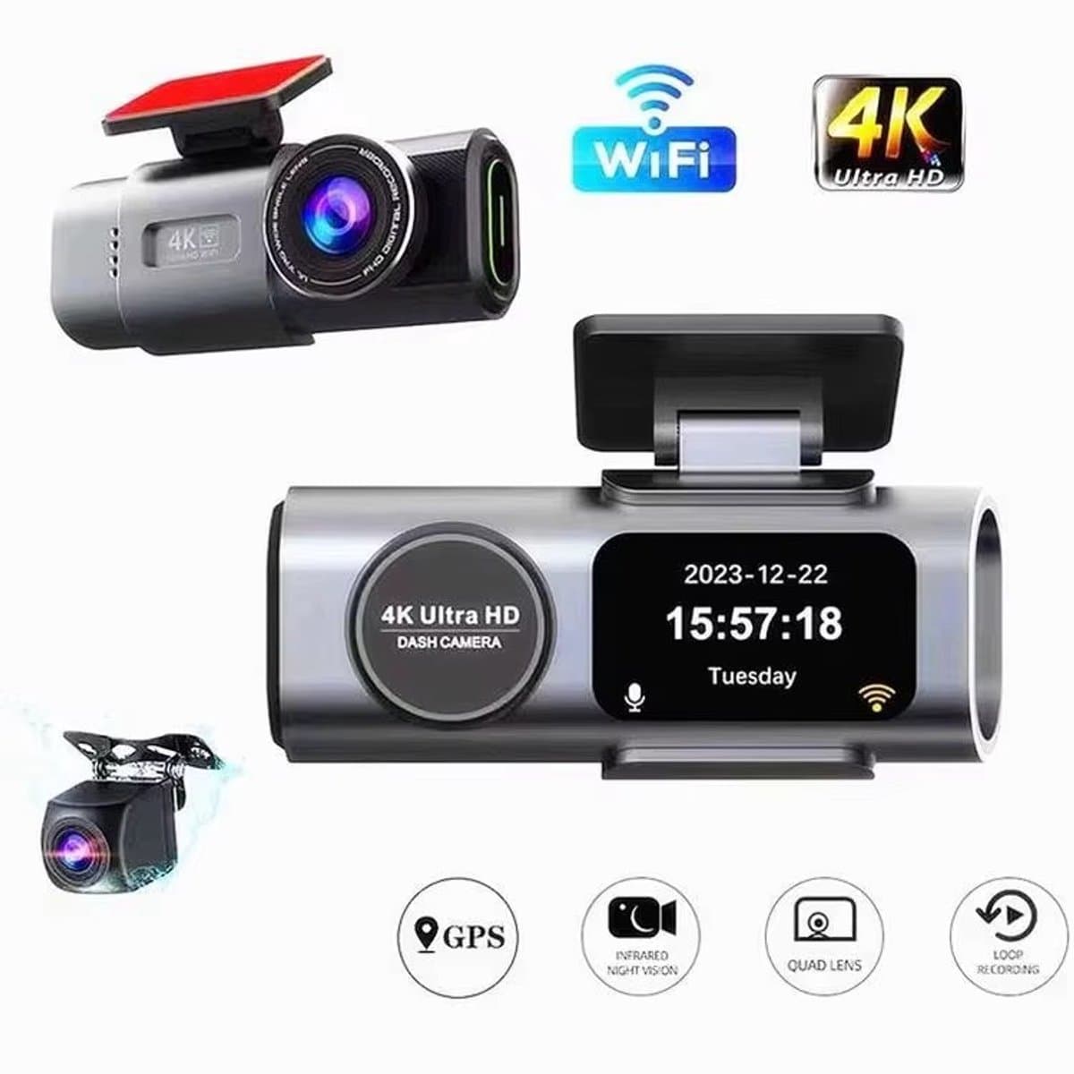 Lordani Dual Dashcam voor auto | Ultra 4K & 1080P | Voor en Achter Camera | WiFi en GPS | met App | Nachtzicht | Parkeerbewaking | G Sensor | Loop opname | Full HD achter camera — afbeelding 1