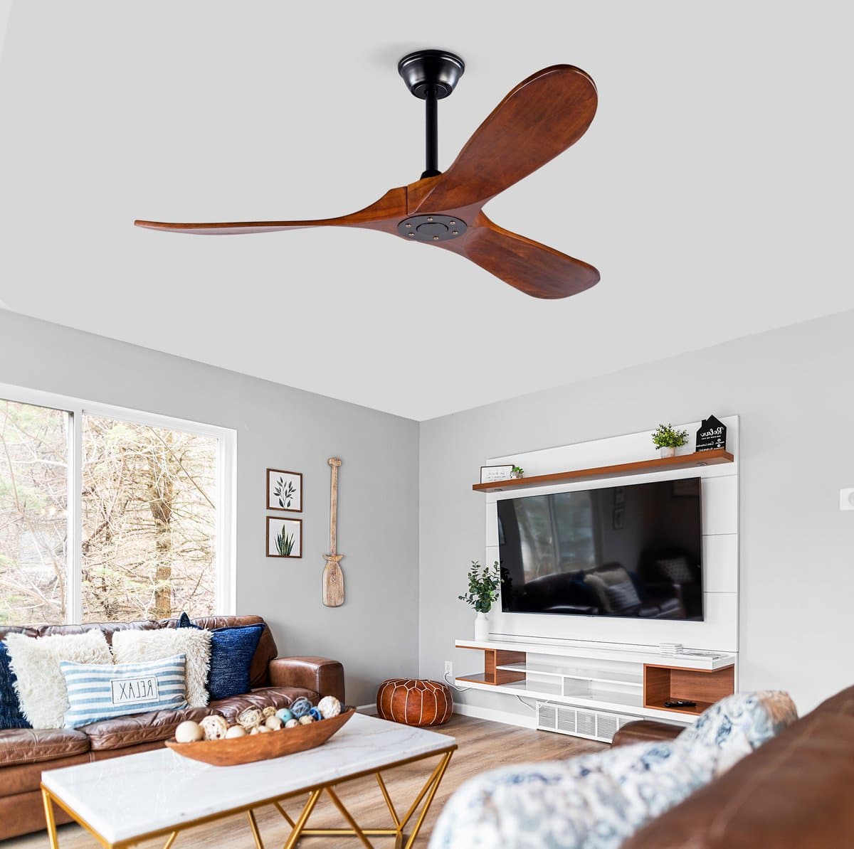 HAUSS SPOLE Ventilator – 52 Inch Plafondventilator Met 3 Houten Bladen En Afstandsbediening – 132,08 Cm – Metaal En Hout – Zwart En Donker Walnoot – Voor Woonkamer Slaapkamer En Overdekt Terras — afbeelding 1
