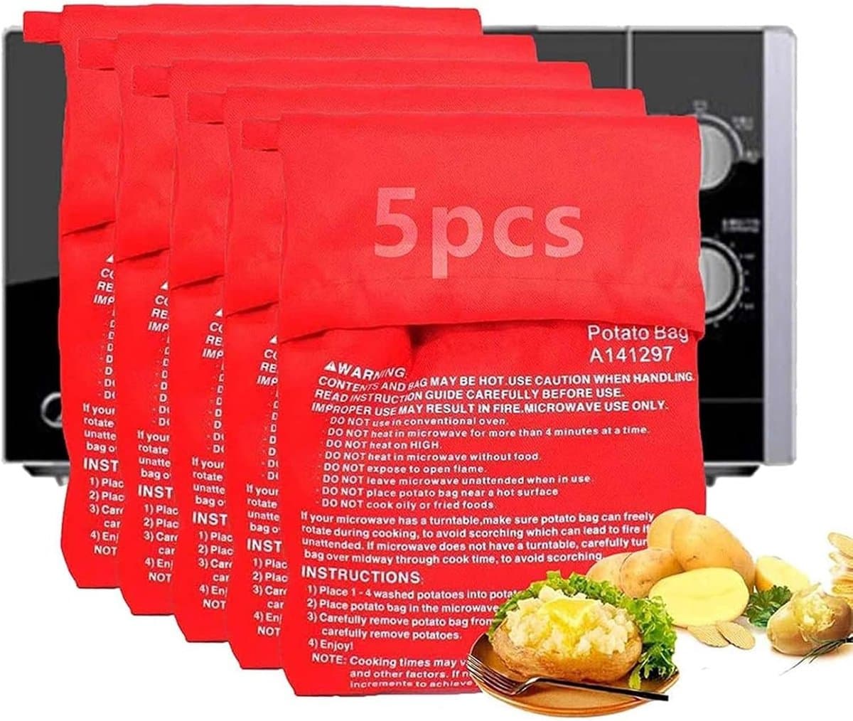 SnelShoppen - 5 Stuks Aardappel Magnetron Zak - Herbruikbare Magnetron Kooktas voor Aardappelen en Maïs - Geschikt voor Snelle Maaltijden Thuis en Op — afbeelding 1