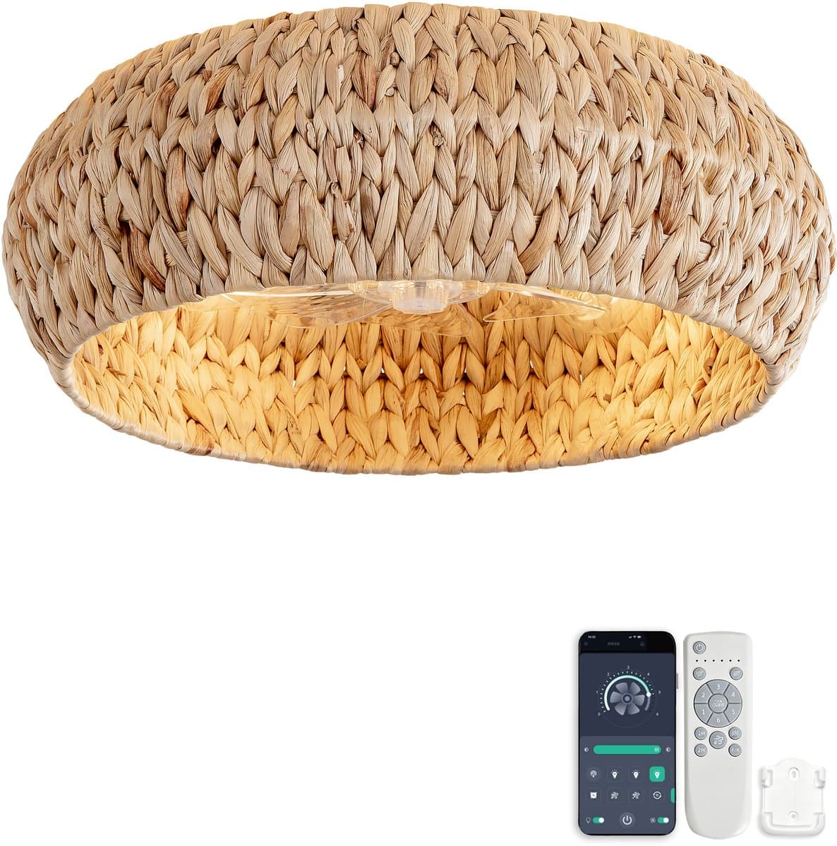 Inbouwventilator met lamp 19 inch - Dubbele bediening via app en afstandsbediening - Zes ventilatorsnelheden - ABS-bladen met rotan-design - Geschikt voor kleine slaapkamers - Minimalistische rustieke stijl — afbeelding 1