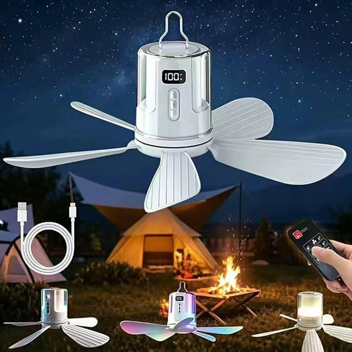 Ryoudavell - Draagbare Campingventilator - 10080mAh Oplaadbare Tent Ventilator - Oplaadbare Plafondventilator met Licht en Afstandsbediening - Plafondventilator met Verlichting - Geschikt voor Camping, Buiten, Paviljoen en Terras — afbeelding 1
