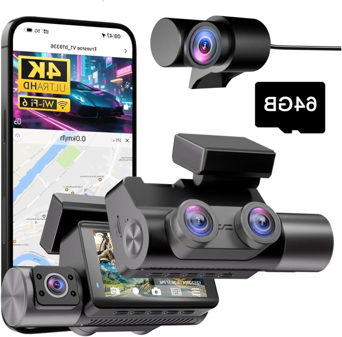 Dashcam Auto - Autocamera - Veilig Rijden - 3 Kanaals Opname - 4K UHD GPS - Zwart — afbeelding 1