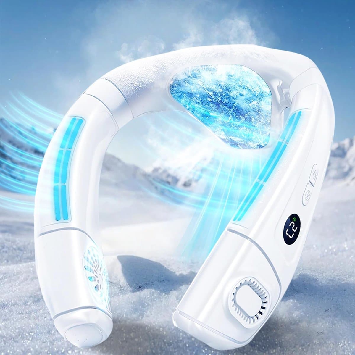 Draagbare nekventilator met grote ijskoelplaat, nekventilator, mobiele airconditioning, stil, 6000 mAh, USB-oplaadbaar, 360° koeling, luchtuitlaat achter, 3 koelstanden voor op reis, kantoor - wit — afbeelding 1
