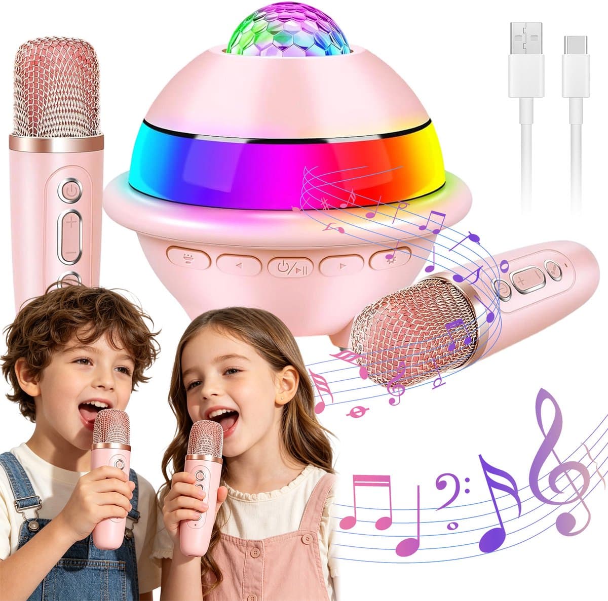Mini Karaoke Set - Roze - Met Bluetooth Speaker, Microfoons en Discolamp - 4 Stemvervormers - Party Box - Draagbaar - voor Thuis en Feestjes - Verjaardagscadeau voor Kinderen — afbeelding 1