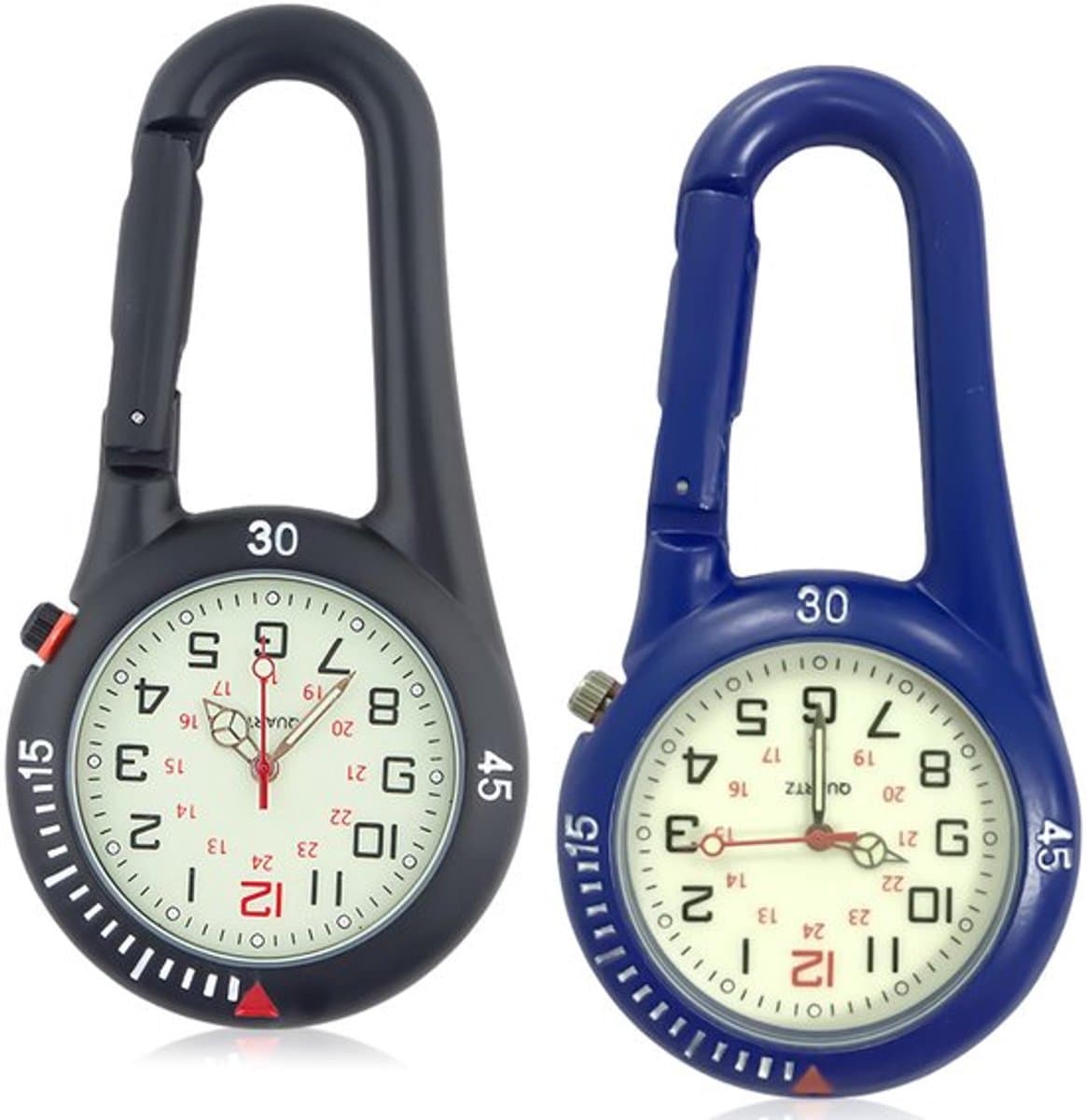 Pakket van 2 karabijnhaakhorloges, zakhorloge met karabijnhaakbevestiging, waterdichte karabijnhaakhorloges, zusterhorloge, lichtgevend analoog quartzhorloge, karabijnhaakhorloge voor fietsers, klimrugzak — afbeelding 1