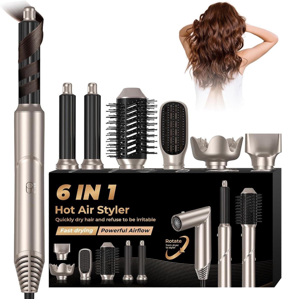Styler 6-in-1 Air Brush verwarmingsborstel, föhn met diffuser, 6-in-1 blaasborstel, airstyler, haarkruller, stijlborstel, airbrush-set, kapsel, dames, goud — afbeelding 1