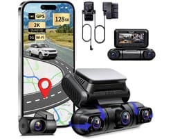 4-Kanaals Dashcam Auto 5G WiFi,360°Draaibare Voorkant Achterkant Binnenkant Links Rechts Dashcam,Radar Bewegingsdetectie,GPS,Nachtzicht,Parkeercontrole,1080P 3“ met 128GB kaart,Hardwire Kit
