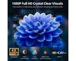 SnelShoppen - 4K Mini Beamer, Full HD 1080P Projector, Draaibaar, Autofocus, Trapeziumcorrectie, 10.000 Lumen Videobeamer voor Thuisbioscoop en Outdoo