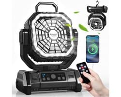 Campingventilator met LED Lantaarn 30000 mAh - Oplaadbare Tentventilator met Licht, Haak en USB - Desktopventilator voor Kamperen en Vissen - Zwart