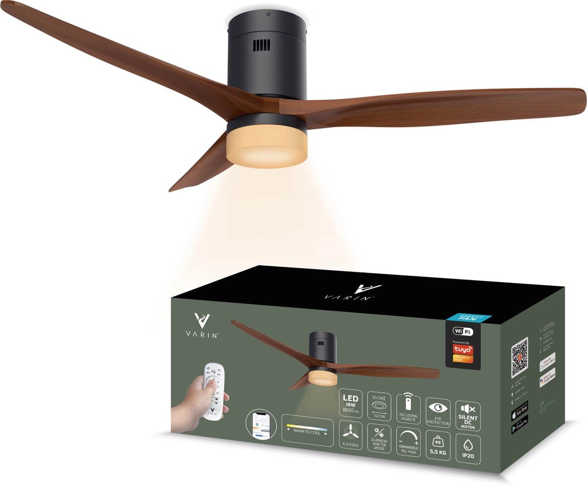 Varin® Smart Plafondventilator met verlichting - Ø 132cm - Zwart/Walnoot - LED CCT 18W - Super stil 20dB - 6 snelheden - Woonkamer - Slaapkamer - Tuya WiFi - App & Afstandsbediening — afbeelding 1