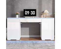 VVBV Bureau 140x50x78 cm - LED-Verlichting, Hoogglans, 2 Deuren, Opbergruimte - Wit, Spaanplaat