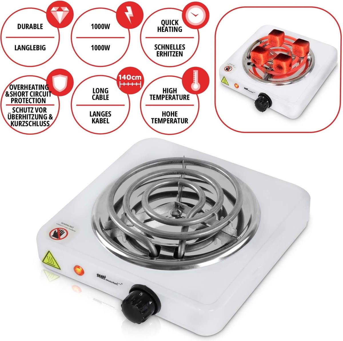 Broil-Master - Elektrische Kolenaansteker - 1000W Vermogen - Regelbare Temperatuur - Verwarmingsplaat - Verwarmingsspiraal - Grillaansteker - Warmhoudplaat - Brander - Wit — afbeelding 1
