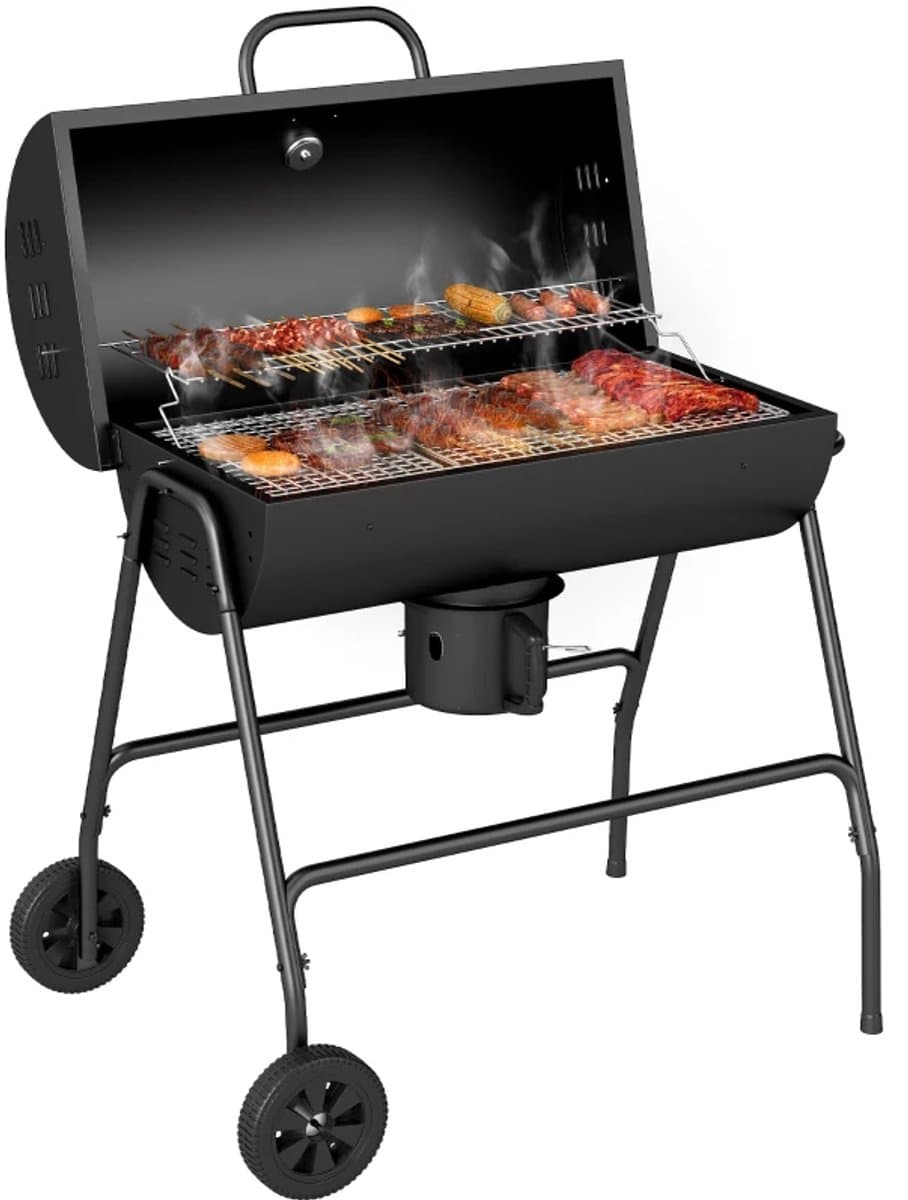Premie Houtskool Barbecue - Smoker Barbecue - Houtskoolgrill - met Deksel, Thermometer, Wielen & Onderstel - BBQ voor Kamperen, Buiten, Tuin - 95 x 71,5 x 102 cm - Zwart — afbeelding 1