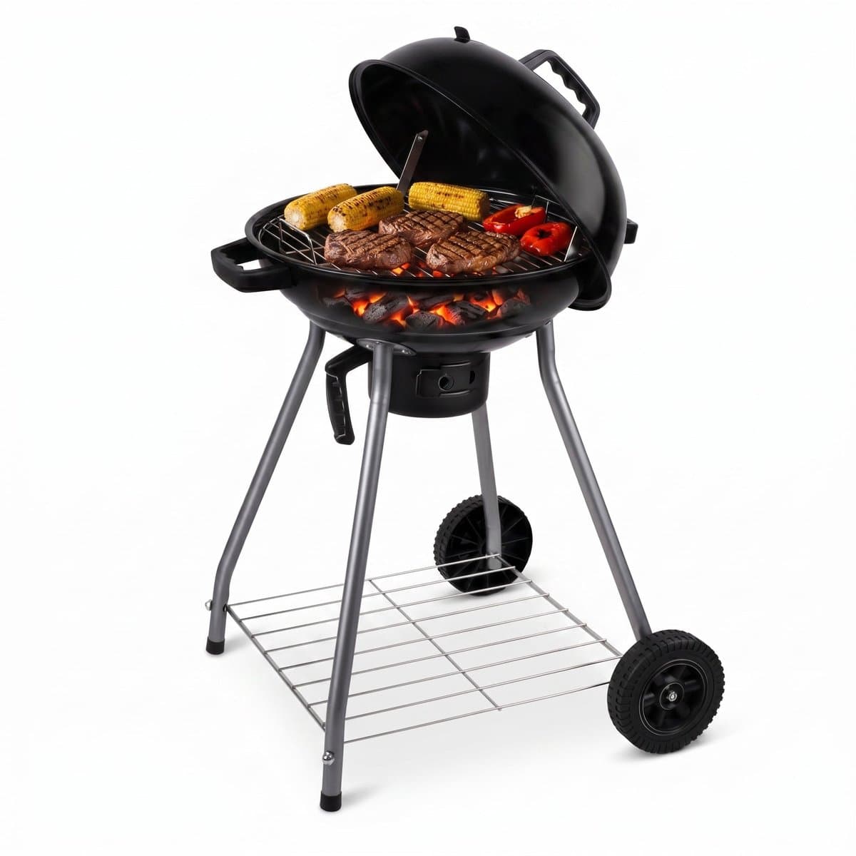 Lomera Kogelbarbecue - Houtskool BBQ - Barbecue met Deksel en Wielen - Asopvangbak - Ventilatiesysteem - Kogelgrill - Opbergrooster - Grillrooster - Kettle BBQ - Voor Tuin en Terras - Camping - Houtskoolbarbecue — afbeelding 1