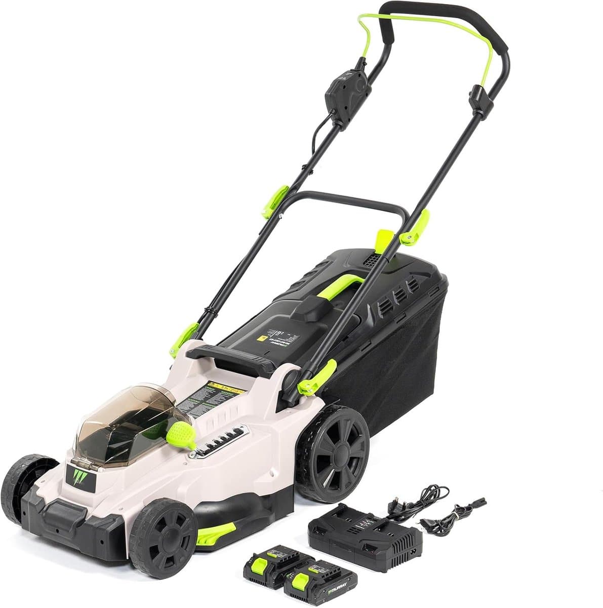 Accugrasmaaier - Draadloze grasmaaier - Gazon onderhoud - Dubbele accu aandrijving - 37 cm snijbreedte - Groen zwart grijs — afbeelding 1