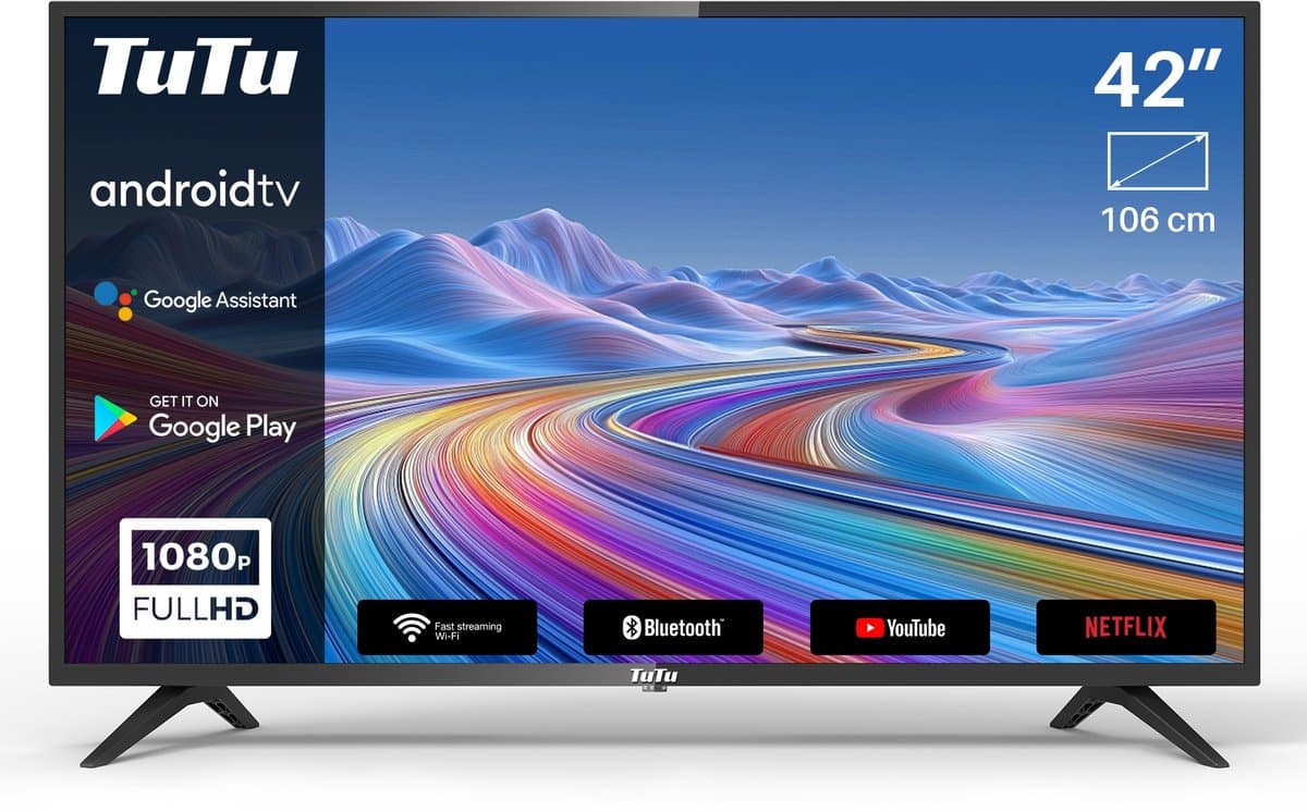 TuTu Android Smart TV - LED Full HD - 42 inch/108 cm - Voice Controle & Streaming apps - HDMI x3, USB x2, CI+ - Tripple Tuner DVB-T/T2/S/S2/C - Frameless Design - Geassembleerd in Eindhoven - TUG42FD1 — afbeelding 1