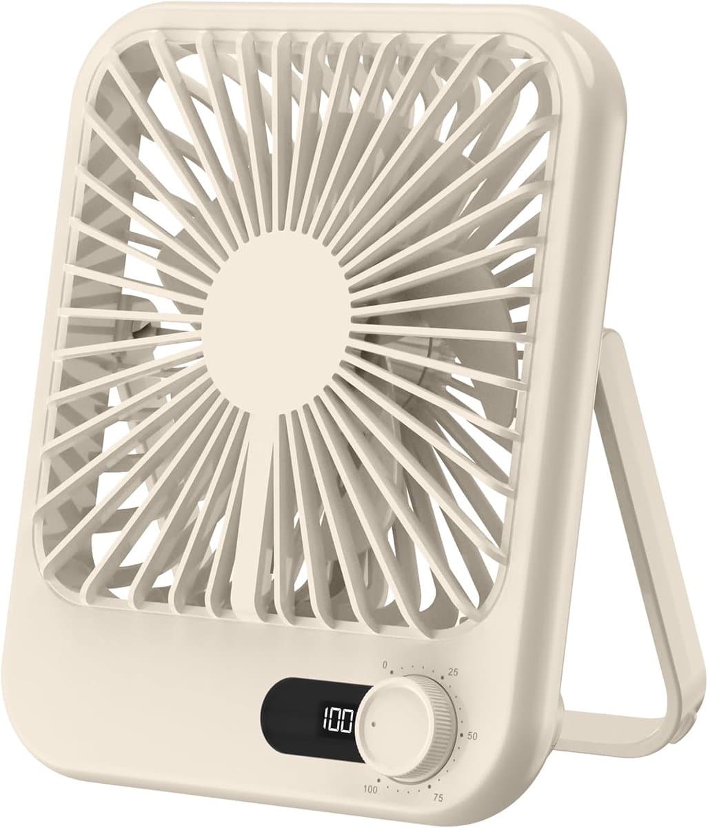 KZQ Draagbare Herlaadbare Ventilator - Stille Kleine Bureauventilator Met 180° Kantelhoek - 100 Snelheden Geschikt Voor Slaapkamer Kantoor Thuis En Buiten - Crèmewit — afbeelding 1