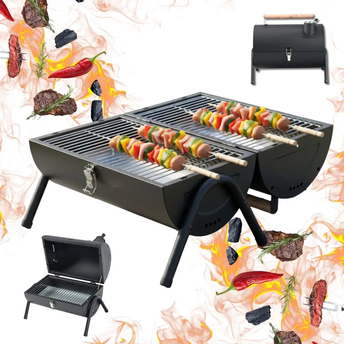 KINGHoff Grill - Draagbare Houtskoolbarbecue Grill - Camping BBQ met Deksel - Opvouwbare Tafelgrill - Reis BBQ met Ventilatie - Compacte Barbecue voor Balkon & Camping - Gepoedercoat Staal - ca. 41 x 25 x 38 cm - Zwart — afbeelding 1