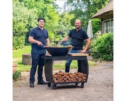 RJRoyal Living Plancha grill BBQ Big Jack Blackline 3.0 grillring en houtopslag vuurschaal buitenkeuken grillring met houten snijplank