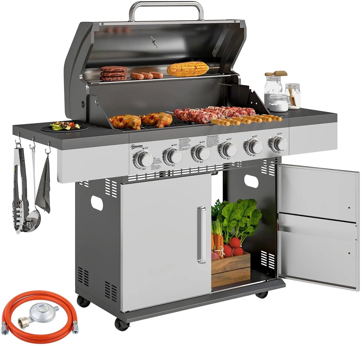 Gasbarbecue - Gasbarbecue en grill - 6 Branders - Met slang en thermometer - zilver — afbeelding 1