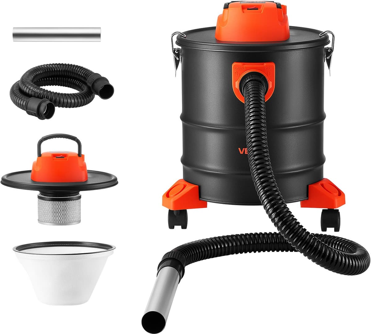 VEVOR Asstofzuiger 1200W Draagbare Haardstofzuiger 20L Stalen Tank Zwart/Oranje, Stofzuiger met Blaasfunctie voor Haarden, Pelletkachels, Grills & Vuurkorven, Dubbel Filtersysteem, met Wielen en 1,2 m Slang — afbeelding 1