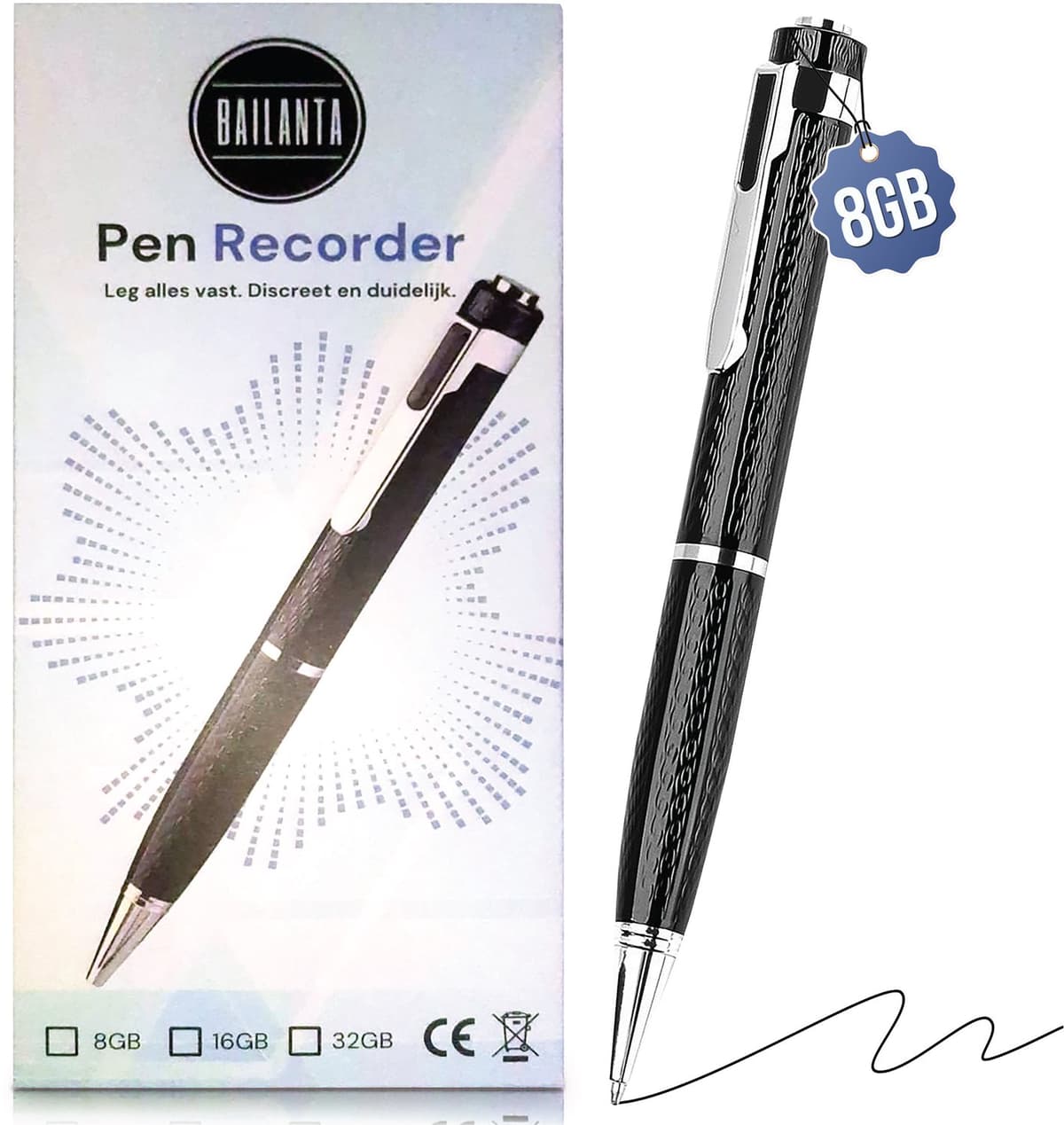 Bailanta® Voice Recorder Pen 8GB – Afluisterapparatuur – Balpen met Audio Recorder – Nederlandse Handleiding – MP3 Speler – USB - Dictafoon — afbeelding 1