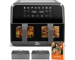 Dubbele XL-heteluchtfriteuse 8L - Dual Zone airfryer met 2 siliconenmatten en recepten