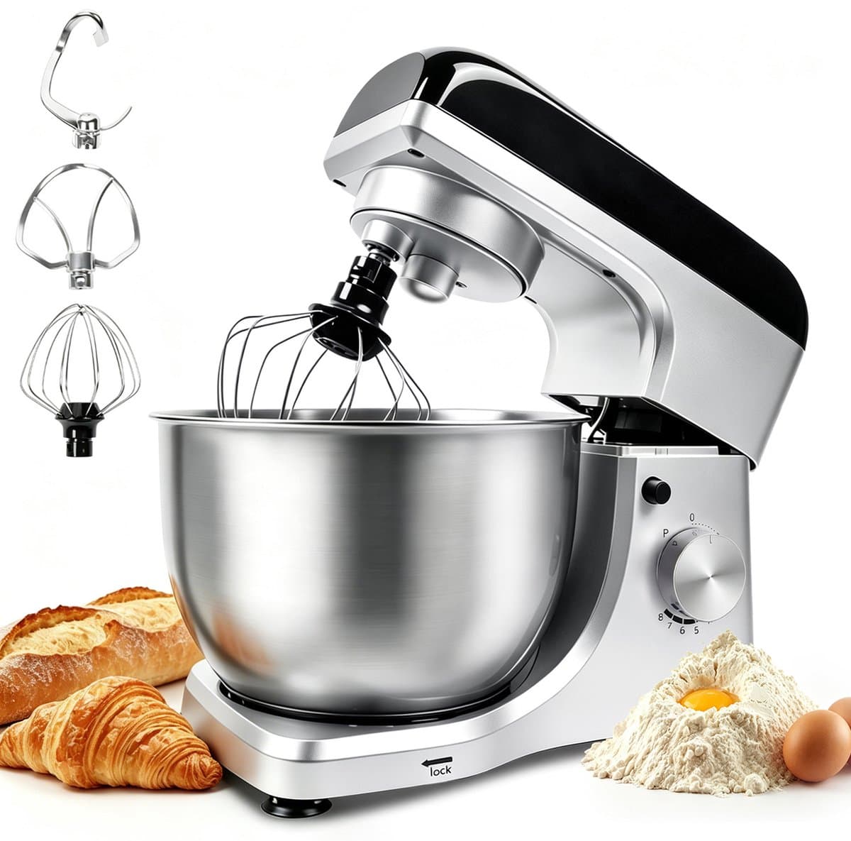 KITYTETY Keukenmachine 1000W - 8 Snelheden - Pulsfunctie - Multifunctionele mixer van met kom van 5 L - Menghaak Garde Deeghaak - Zilver — afbeelding 1