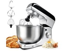 KITYTETY Keukenmachine 1000W - 8 Snelheden - Pulsfunctie - Multifunctionele mixer van met kom van 5 L - Menghaak Garde Deeghaak - Zilver