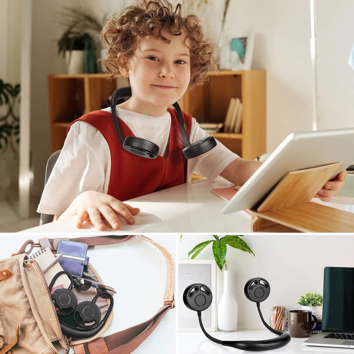 Draagbare bladloze nekventilator met oplaadbare batterij en 3 snelheden – Handheld USB mini ventilator voor reizen, hardlopen, en wandelen — afbeelding 1