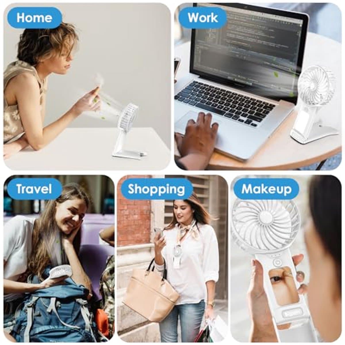 Oplaadbare Mini USB Ventilator - Stil, Draagbaar en Instelbaar in 4 Snelheden met Spiegel - Krachtige Mini Ventilator voor Thuis, Kantoor, Reizen en Buiten — afbeelding 1