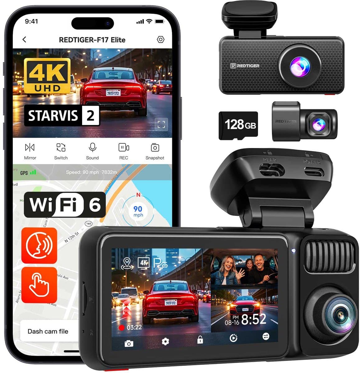 RedTiger F17 Elite 4K 128gb night vision dashcam - 4K + 2x Full HD resolutie met Sony Starvis 2 sensoren – Interieur camera - 128gb Micro SD kaart - 3,0 inch touchscreen Lcd - Wifi en Gps - Parkeerbewaking - G-sensor - Loop recording — afbeelding 1