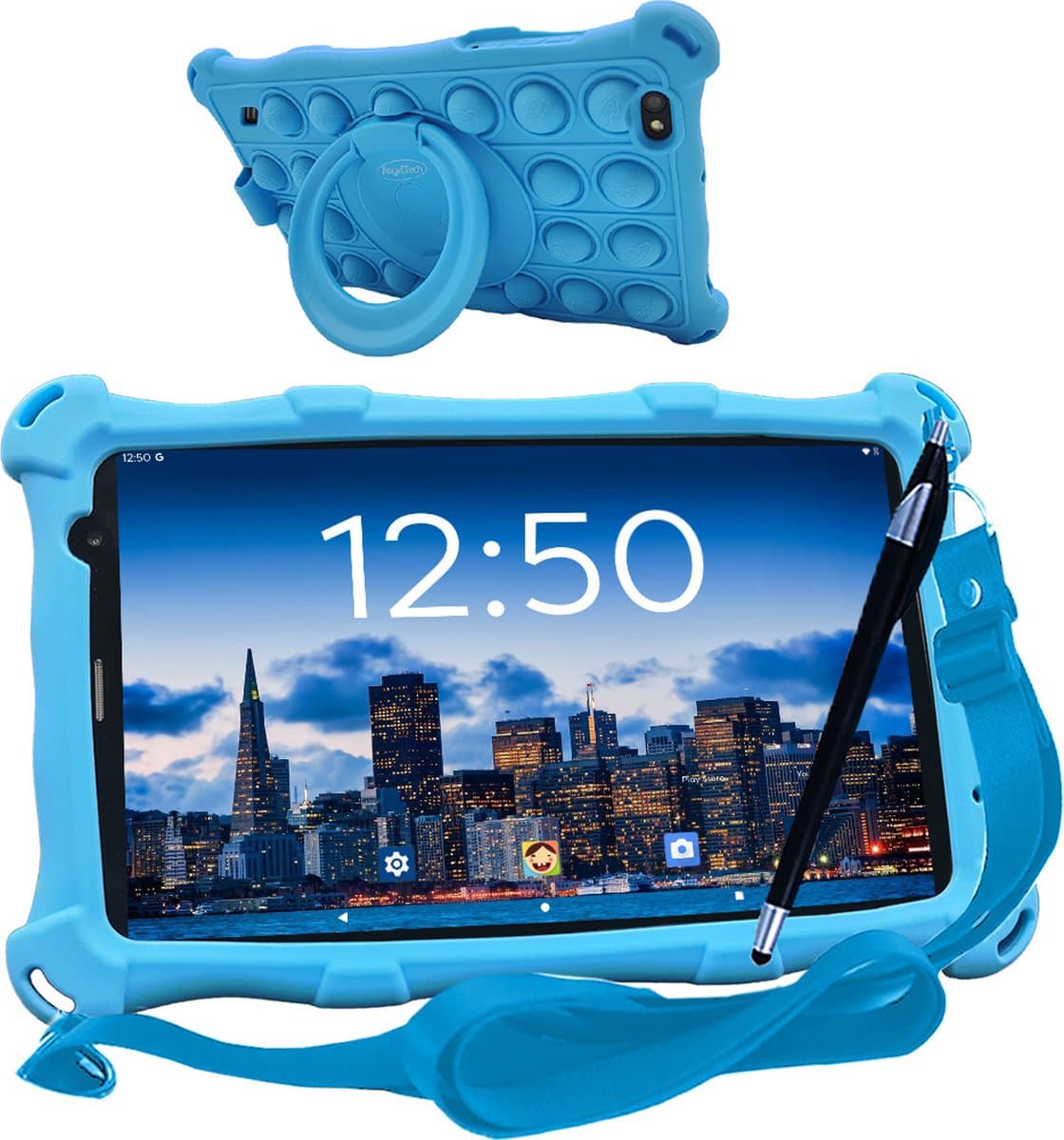 AngelTech Kindertablet PRO MAX - Android 15 - 4+3GB RAM - 64+64 GB - Snelle 8 Inch Kindertablet - Vanaf 3 Jaar - Perfect Voor School - Ouderlijk Toezicht - Ook Voor Volwassenen - 360° Fidgy Beschermhoes - Blauw — afbeelding 1