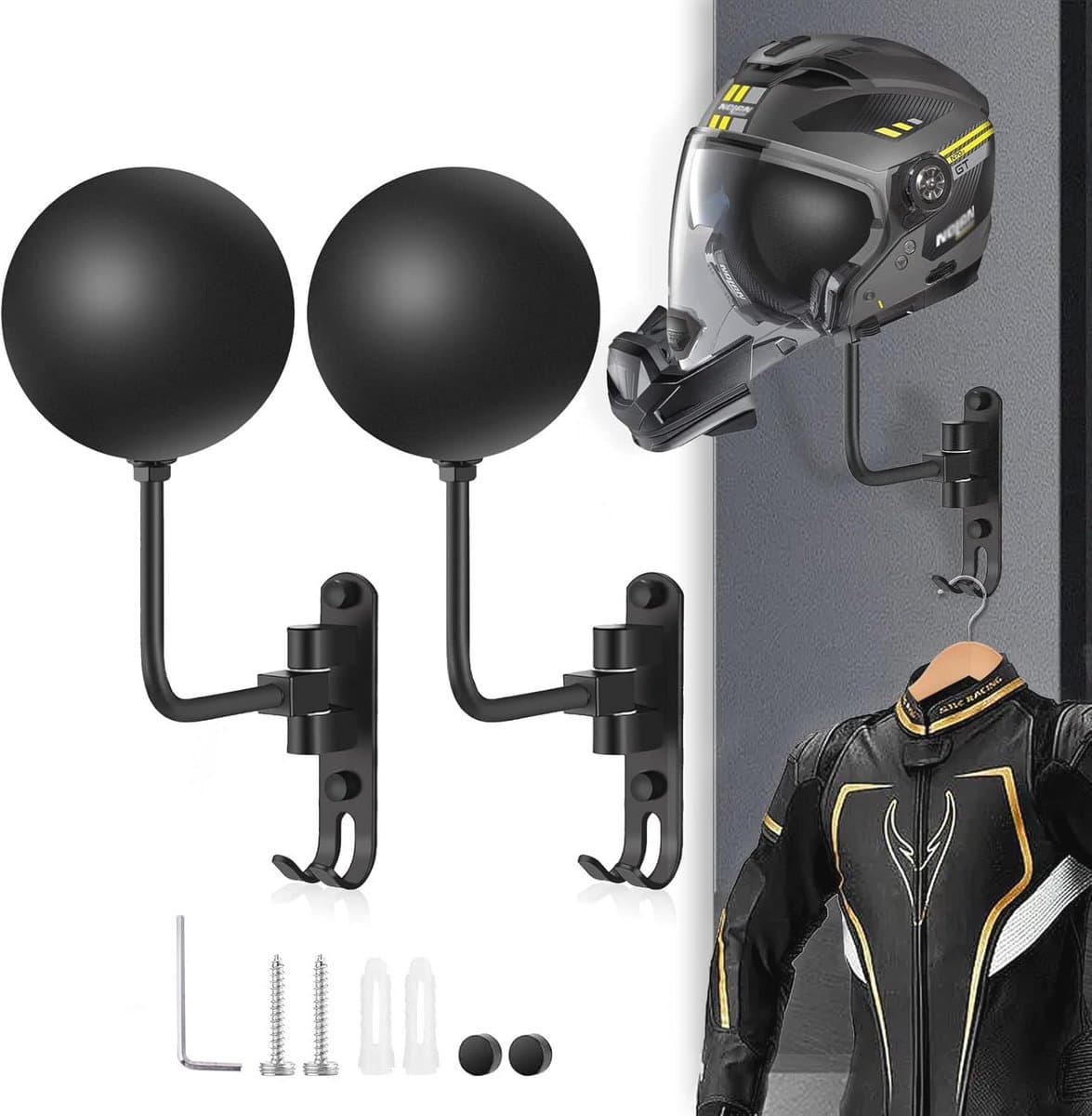 Motorhelm Wandhouder voor Fietsen en Sporthelmen - 180 Graden Rotatie en 2 Haken — afbeelding 1