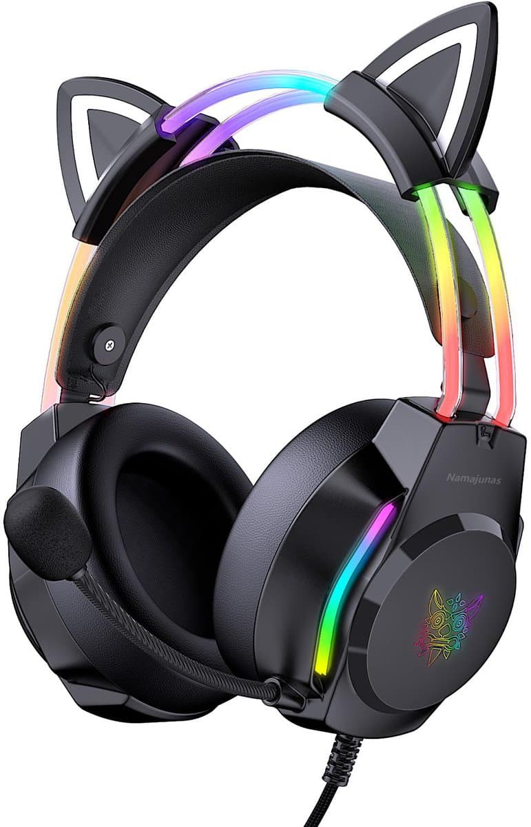 Namajunas - Gaming headsets met Microfoon - Kattenoor Headphones - Koptelefoon - Hoofdtelefoon met kabel - Noise Cancelling Microfoon - Surround Sound - RGB Verlichting - PC, Laptop, PS4, PS5, Xbox, Switch - Zwart — afbeelding 1