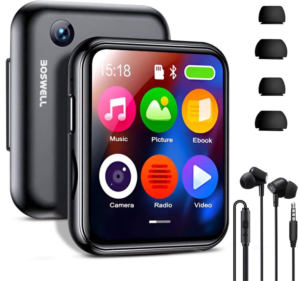 BOSWELL MP3 Speler - MP4 Speler - Bluetooth - Touchscreen - Voice Recorder - FM Radio - Dictafoon - Ondersteuning tot 128GB - Incl. Oortjes — afbeelding 1