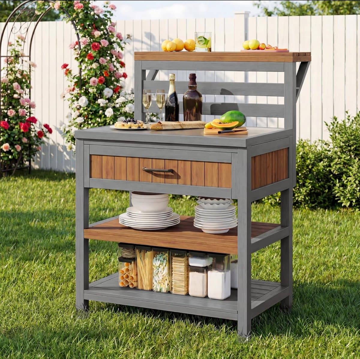 Tuinkast met Werkblad - Buitenkast Grilltafel - Buiten Koken - Roestvrijstalen Werkblad - 100kg Draaglast - Natuurlijk Hout — afbeelding 1