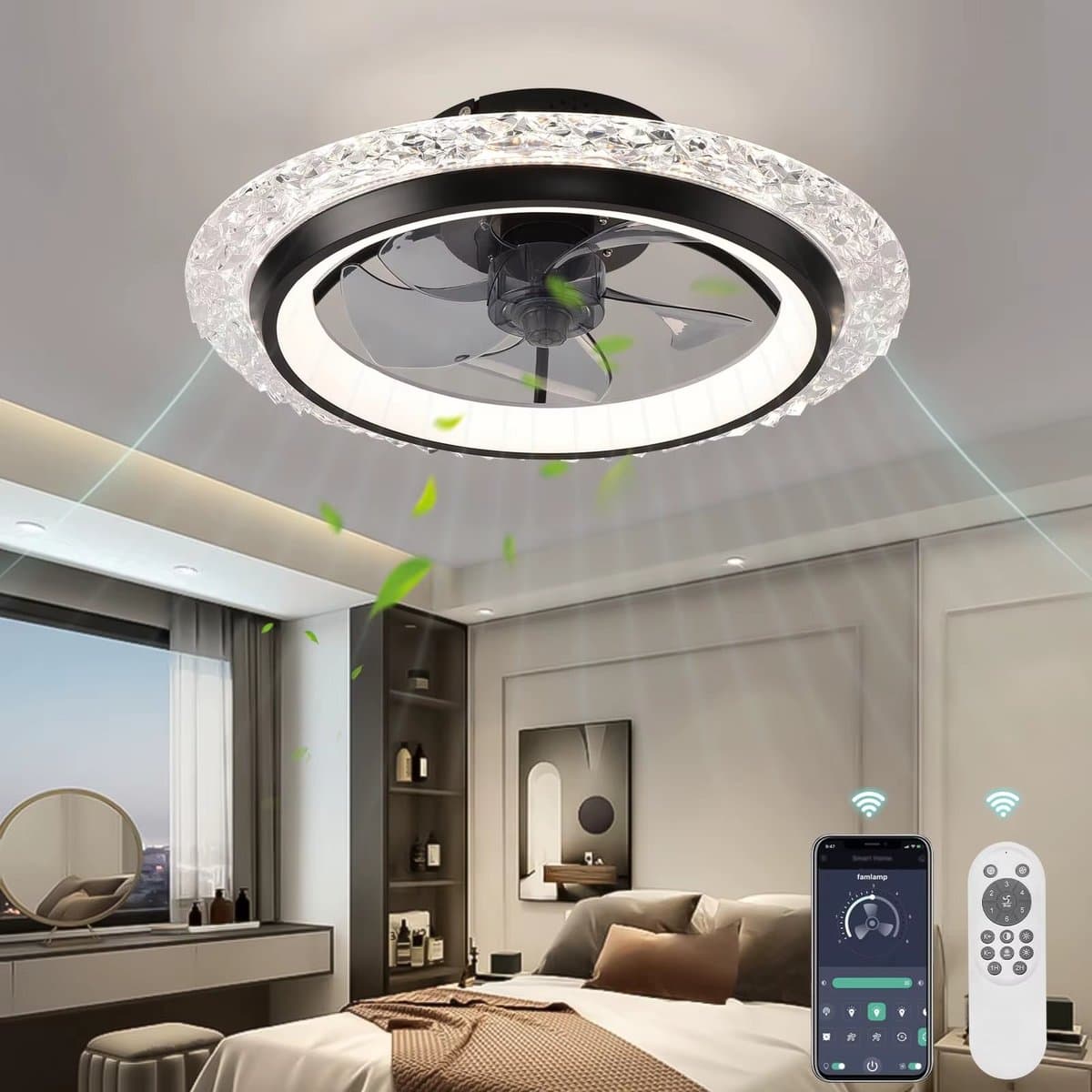 Crystal Ventilator Lamp - Zwart - 50 cm - LED - Dimbaar - Met Afstandsbediening en APP - 6 Snelheden - Stille Flush Mount Ventilator - Moderne Slaapkamerlamp — afbeelding 1