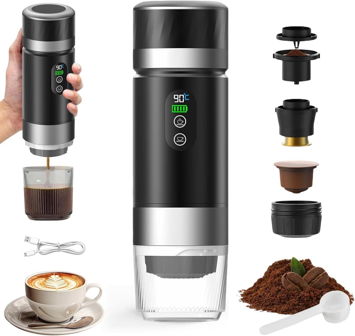 Draagbare koffiemachine-2025-3-in-1 elektrische espressomachine-oplaadbare 12V espressomachine-voor op kantoor-reizen-thuis-compatibel met espresso-capsules en gemalen koffie — afbeelding 1