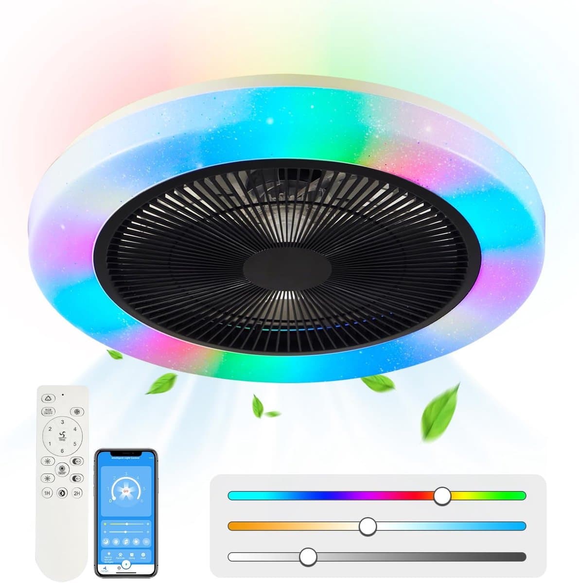 RGB Plafondventilator - 8 Kleuren - Dimbaar - Afstandsbediening & APP - Bluetooth - Smart Lamp - 50 cm - Zwart - Woonkamer Lamp — afbeelding 1