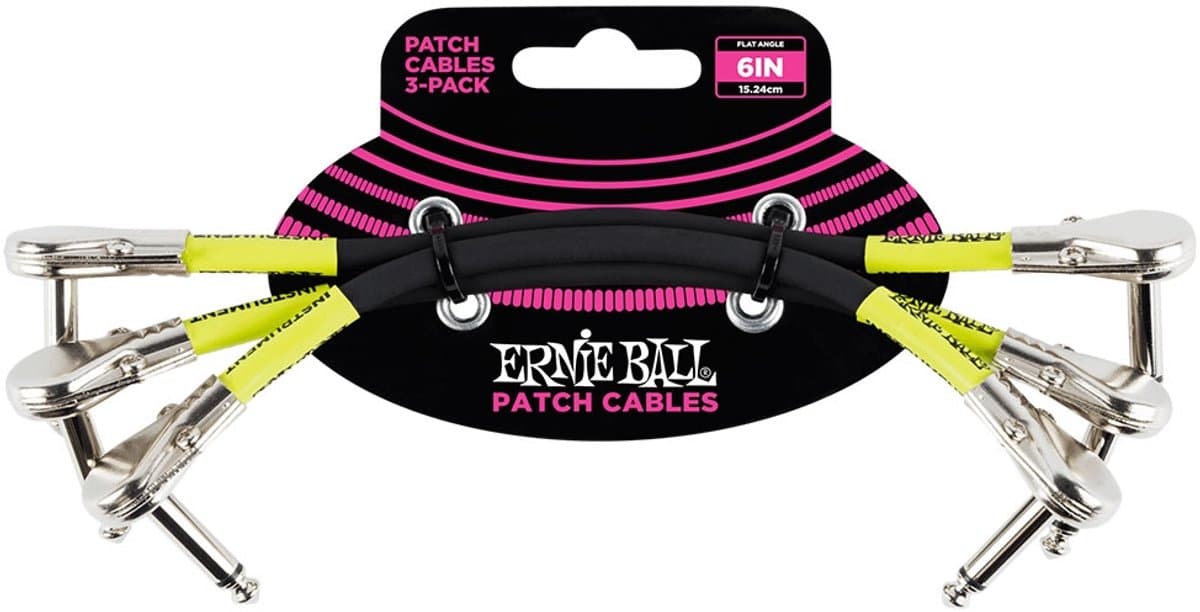 Ernie Ball Patchkabel - 3-Pack - Flat Haaks/Flat Haaks - 15 cm - Zwart - Laagbouwende Connectoren - Dubbelgeleider - Meervoudige Afscherming — afbeelding 1
