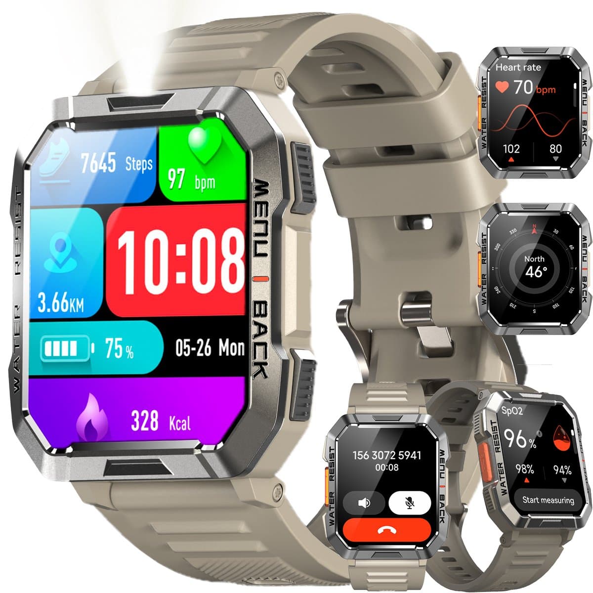 Blackview Outdoor Smartwatch W60 - Square Smart watch Heren- Robuust Smartwatches Dames - Sport Horloge - Zaklamp | Kompas | Gezondheidsmonitor | Bluetooth Bellen Hartslagmeter | Saturatiemeter - Geschikt voor Android en iOS - Khaki — afbeelding 1