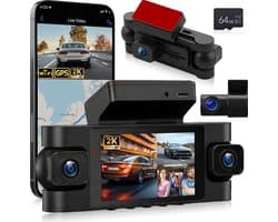 SnelShoppen - 4 Lens Dashcam 2K met Wi-Fi, GPS, 360° Opname, Nachtzicht, G-Sensor, Loop Recording + 64GB TF Card voor Auto, Voertuig en Rides