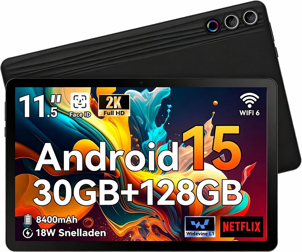 11.5 inch Tablet - 2K Schermo Ultra - Android 15 Tablets - 30GB RAM - 128GB ROM - 8400mAh - WiFi 6 - Zwart — afbeelding 1