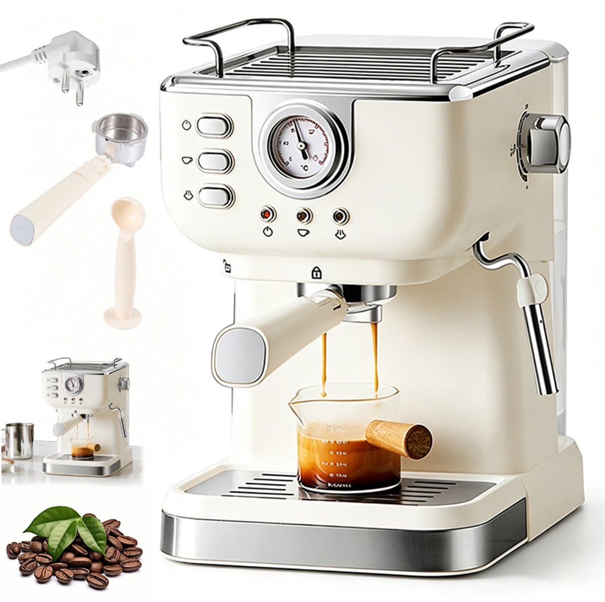 Espressomachine - Halfautomatische espressomachine - Koffiemachine voor thuis/kantoor - Met melkschuimer - 20 bar - 1050 watt - 1,5 liter - Gebroken wit — afbeelding 1