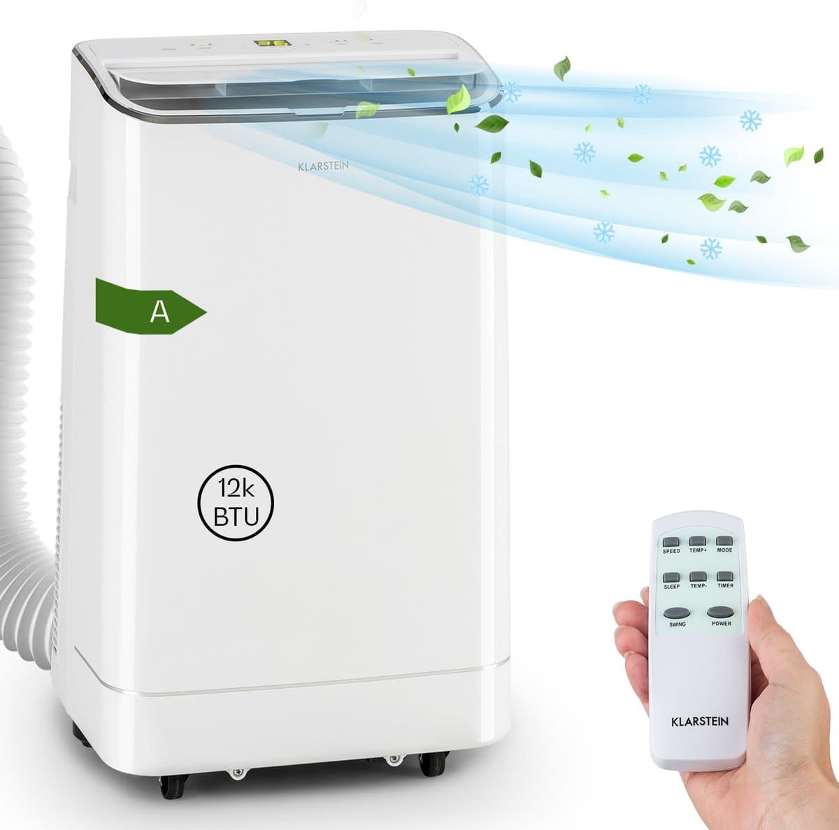 Klarstein Mobiele airconditioner met luchtafvoerslang, 4-in-1 airconditioner met ventilator, luchtontvochtiger & nachtmodus, Kleine & draagbare airconditioner voor thuis & op kantoor, 12000 BTU Laag verbruik,5 kW voor 56 m² - Afstandsbediening — afbeelding 1