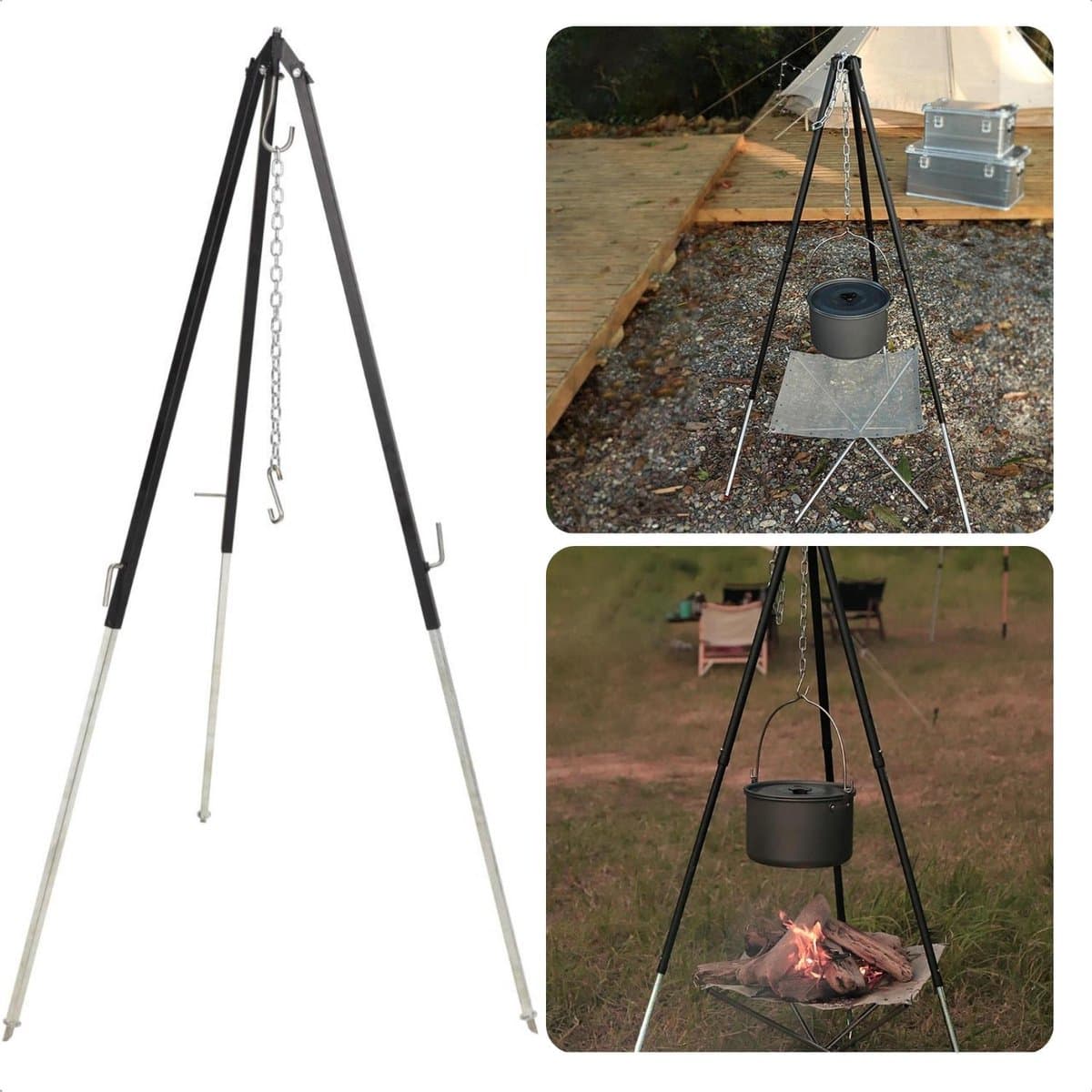 Driepoot Standaard - Stabiel Buiten Koken - 150cm - In Hoogte Verstelbaar - Camping - BBQ Statief - Tripod - Extra Sterk - Grondstekers - Metaal - Kookstatief — afbeelding 1