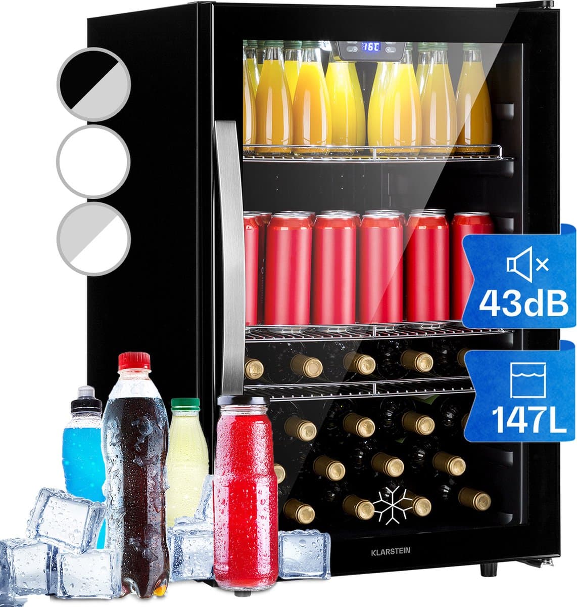 Klarstein Drankkoeler minikoelkast met glazen deur, minikoelkast voor op de kamer, kleine met verstelbare schappen, kleine koelkast van 147 liter, stille koelkast voor binnen en buiten - Drankkoelkast Drankenkoelkast - Touch Display - RVS — afbeelding 1
