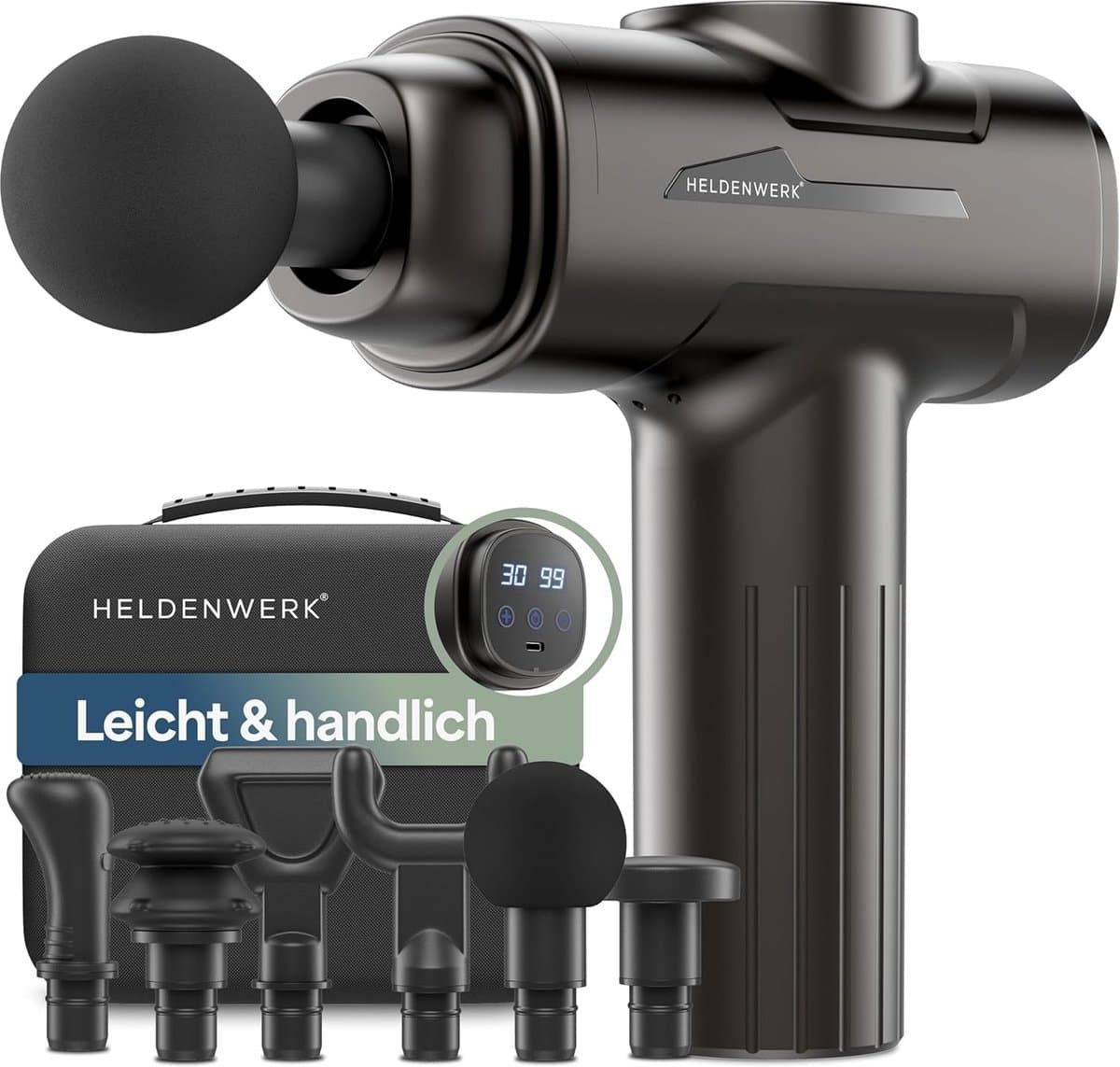 Massagepistool met 6 massagekoppen en 30 snelheden - Spiermassageapparaat met USB-C en LCD touchscreen — afbeelding 1