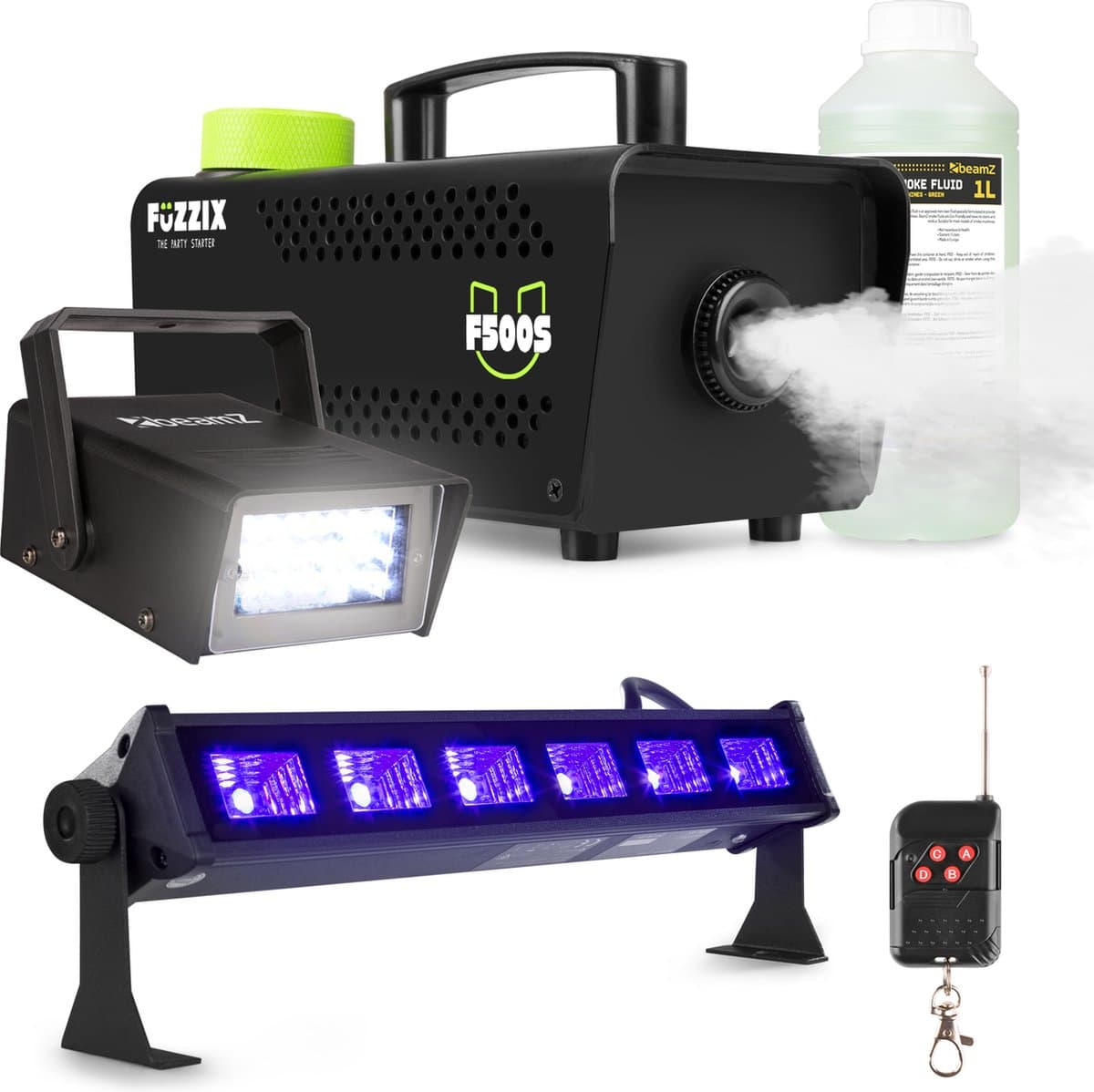 Partyset met Fuzzix F500S Rookmachine - 1L Rookvloeistof - 1x Stroboscoop en 1x Blacklight bar — afbeelding 1